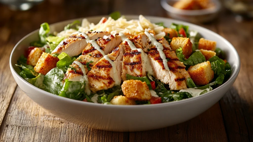 A classic Chicken Caesar Salad with grilled chicken and croutons.