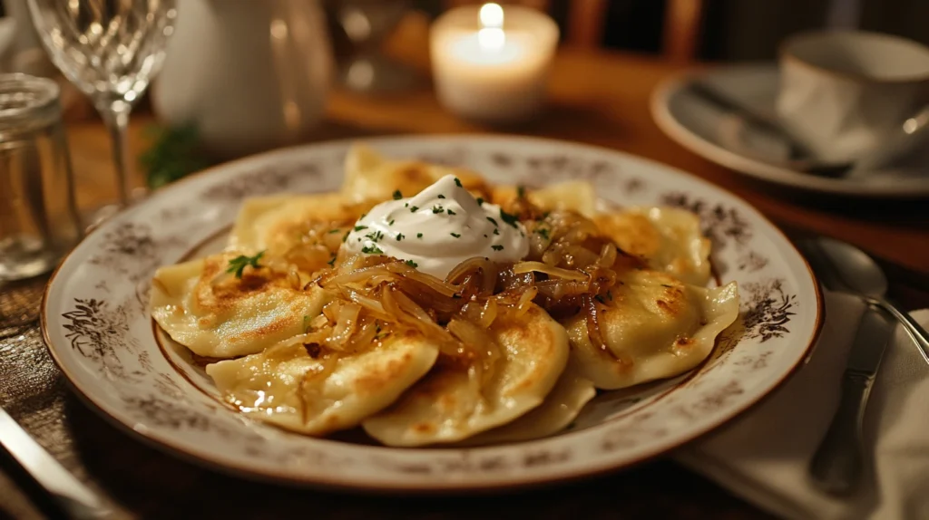 Boiled and pan-fried pierogi served with caramelized onions and sour cream