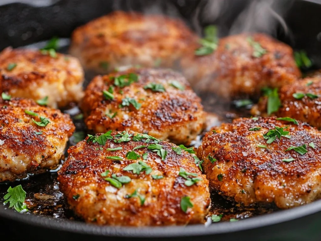 Chicken patties cooking in a skillet with a golden-brown sear.