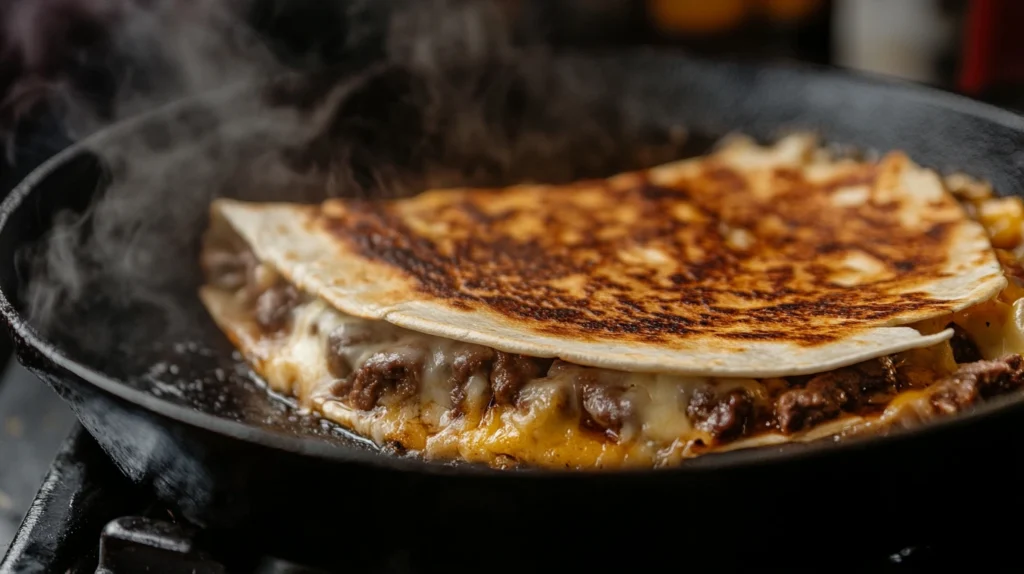 A steak quesadilla cooking in a skillet.