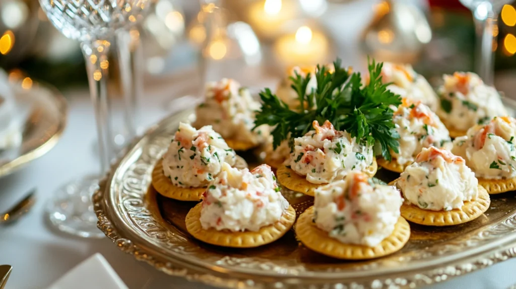 Crab salad served on crackers with garnishes.