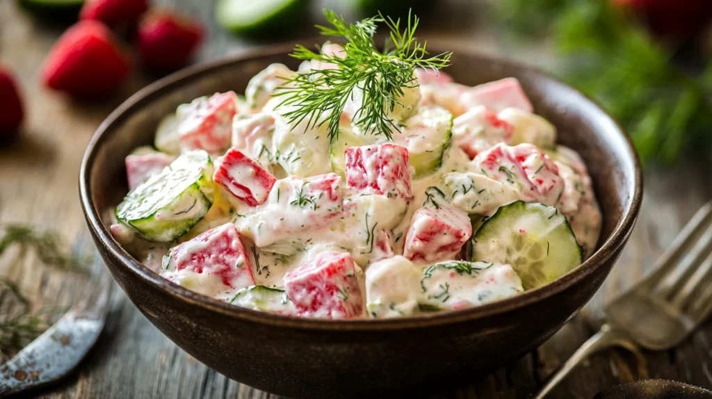 A bowl of creamy cucumber salad with fresh dill garnish.