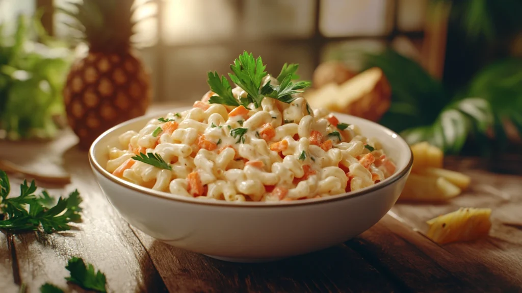 A bowl of Hawaiian macaroni salad with garnishes on a wooden table.