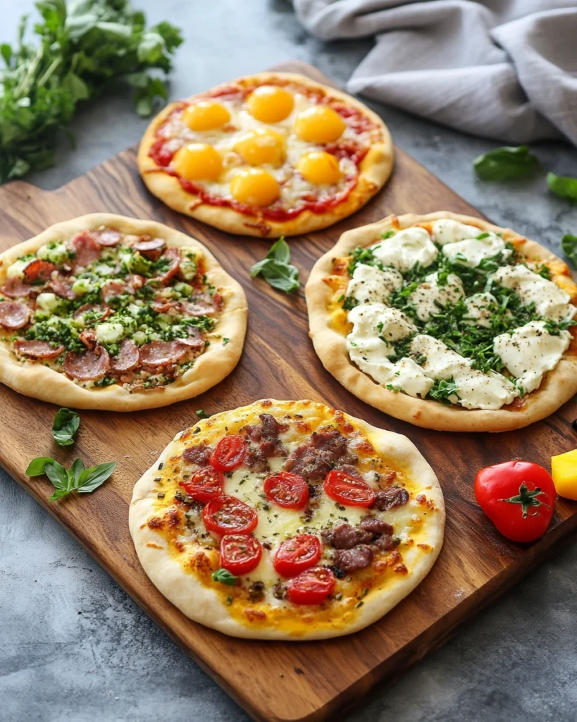 Three types of breakfast pizza: vegetarian, meat lovers, and sweet