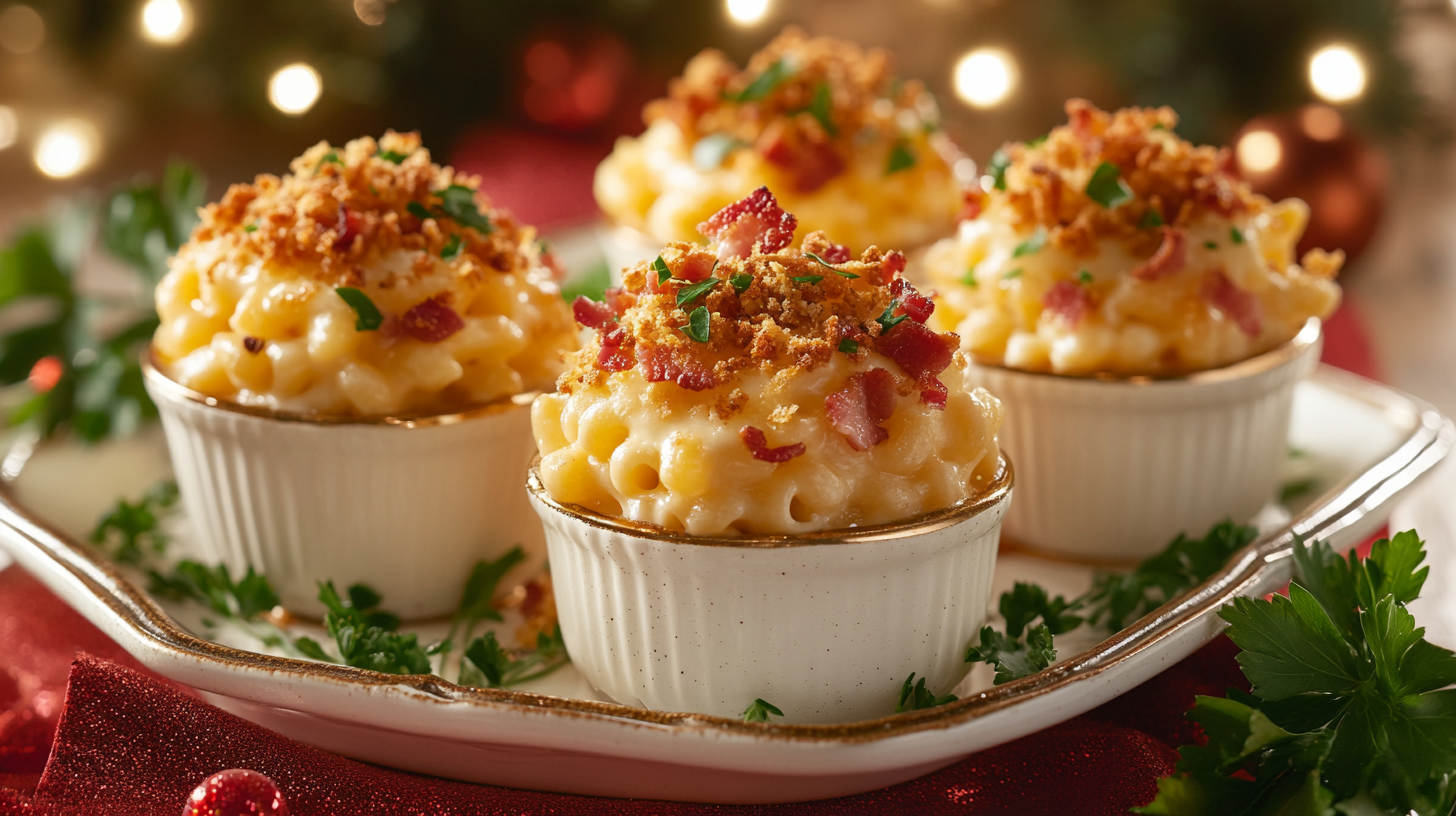 Three variations of Tini Mac and Cheese with toppings like bacon, jalapeños, and herbs.