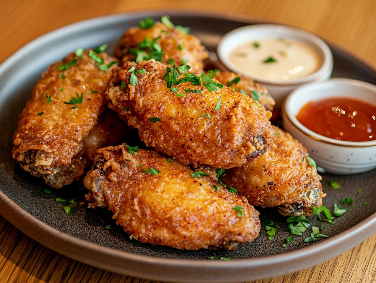 A plate of golden crispy baked chicken wings garnished with herbs.