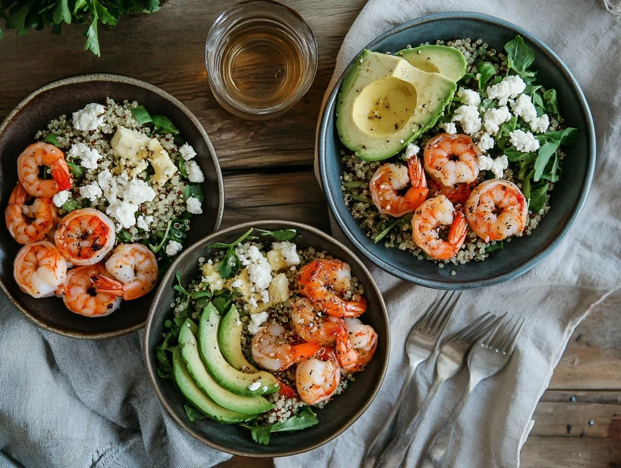 Shrimp salad variations, featuring toppings like avocado, feta cheese, and sesame seeds.