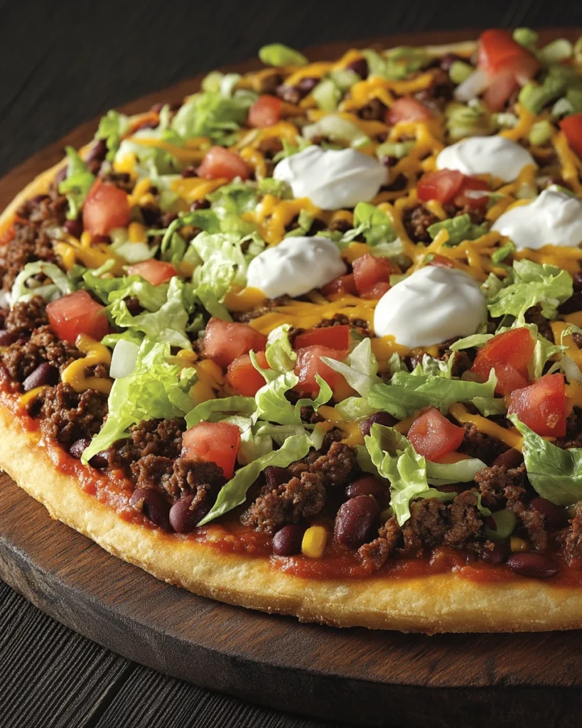 A freshly baked taco pizza topped with lettuce, tomatoes, cheese, and sour cream.