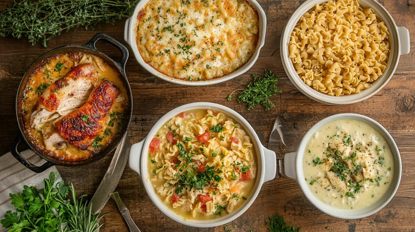 A variety of dishes made with leftover rotisserie chicken.