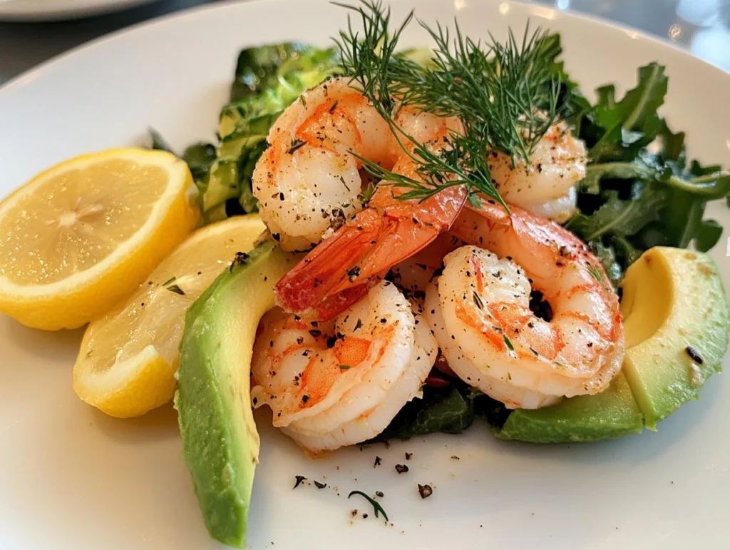 A seafood salad plated beautifully with a lemon wedge and garnishes.