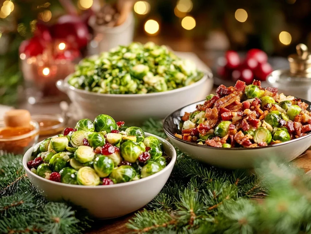 Three variations of Brussel sprout salad on a table