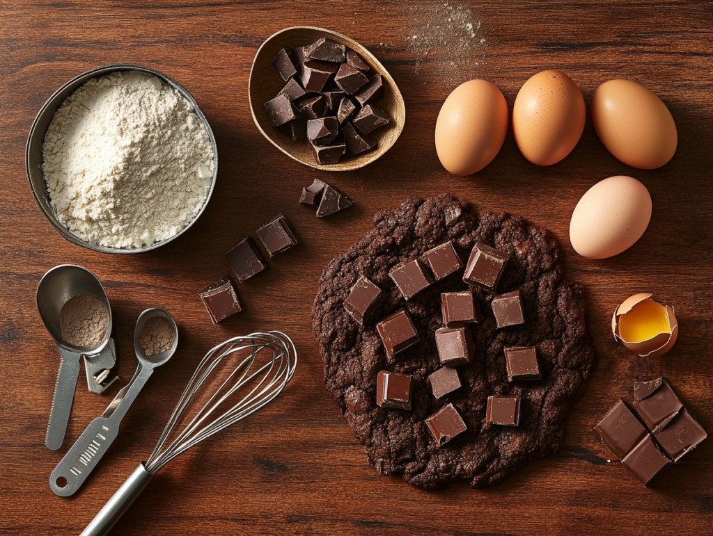 Ingredients for brownie cookies displayed on a kitchen countertop.