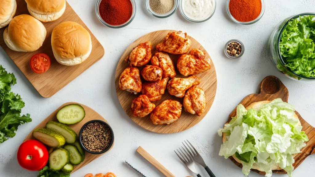 Ingredients laid out for making fried chicken sandwich