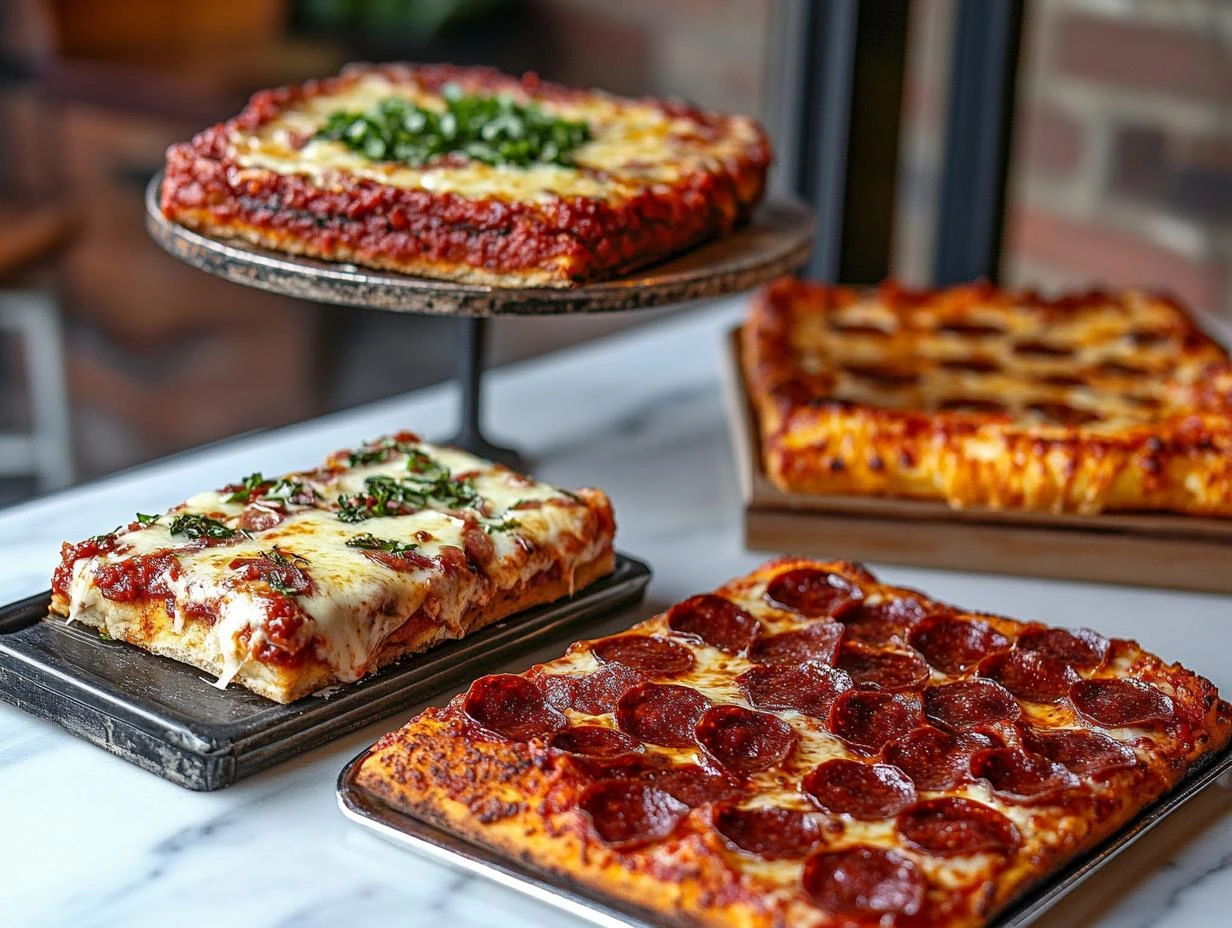 Different styles of pepperoni pizza, such as New York-style, deep-dish, and Detroit-style, on a table.