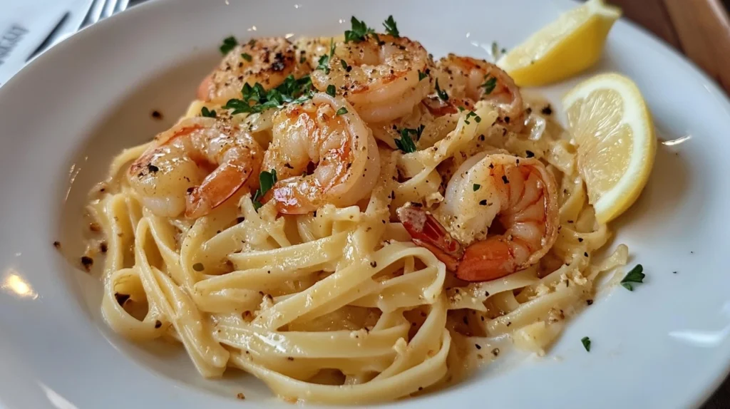 A bowl of shrimp pasta with fresh garnishes.