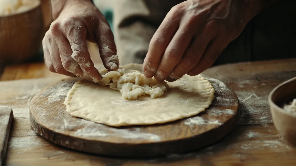 Filling pierogi dough with potato and cheese filling
