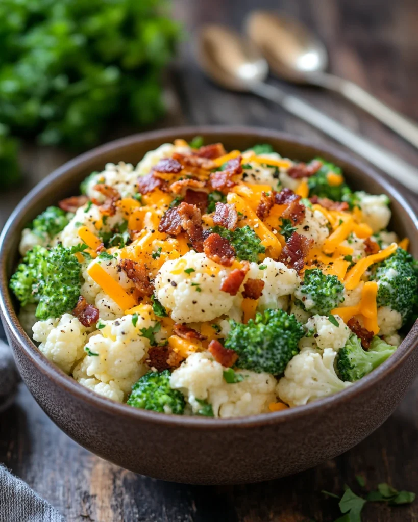 A colorful bowl of broccoli cauliflower salad with vegetables.