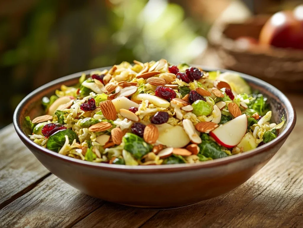 Fresh and colorful Brussel sprout salad with vibrant toppings