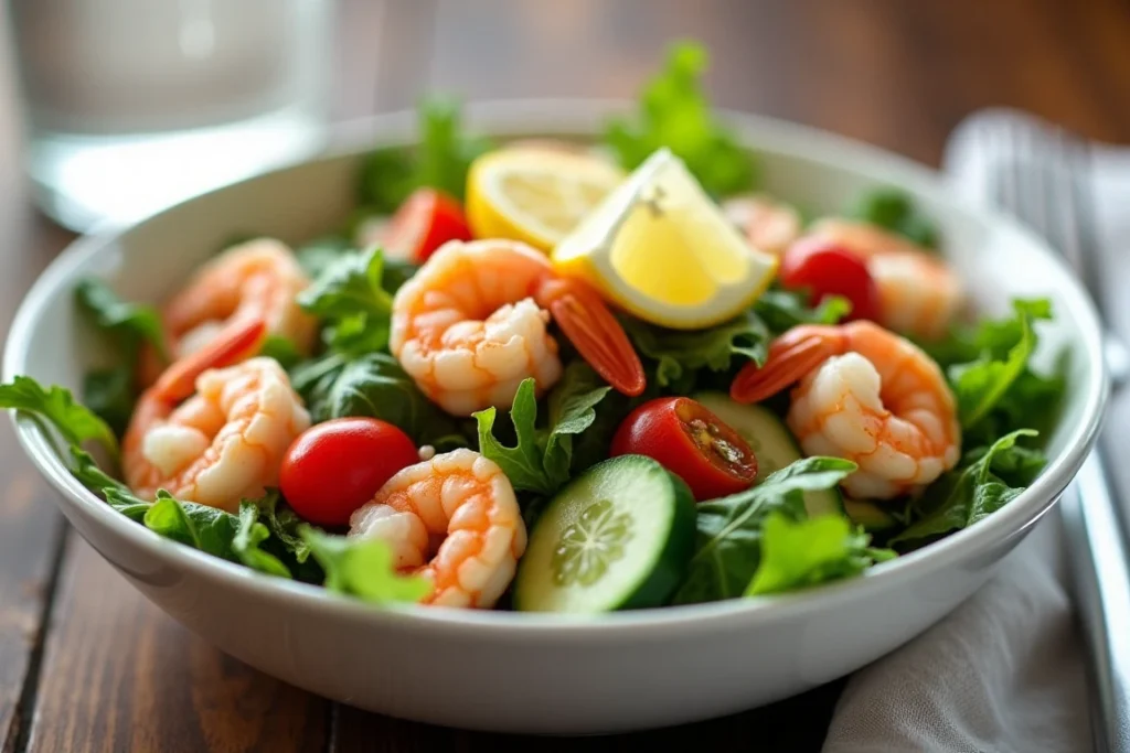 A fresh shrimp salad served in a white bowl, garnished with herbs and lemon slices.