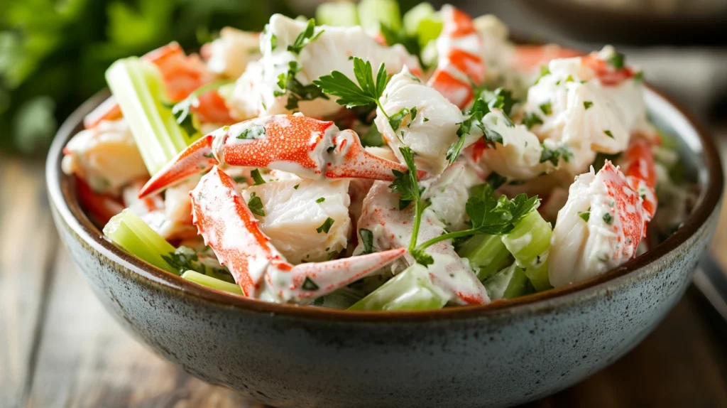 A vibrant bowl of crab salad on a rustic table.