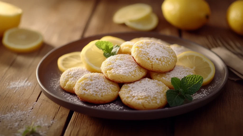 A plate of golden lemon cookies with powdered sugar.