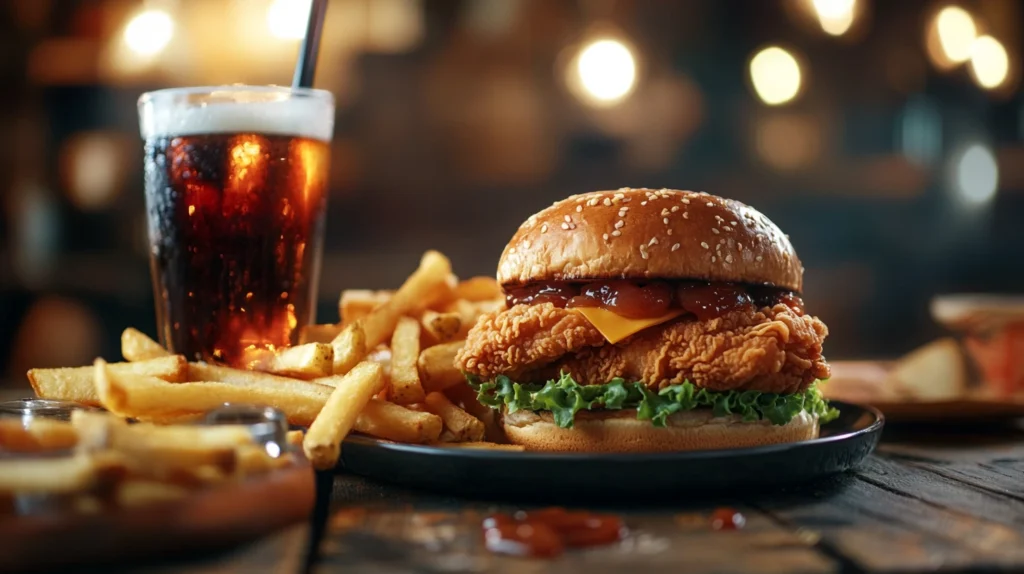 Fried chicken sandwich served with fries and a drink