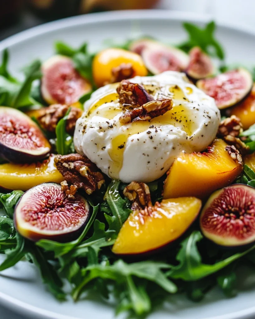 Burrata salad with peaches, figs, and arugula on a plate.