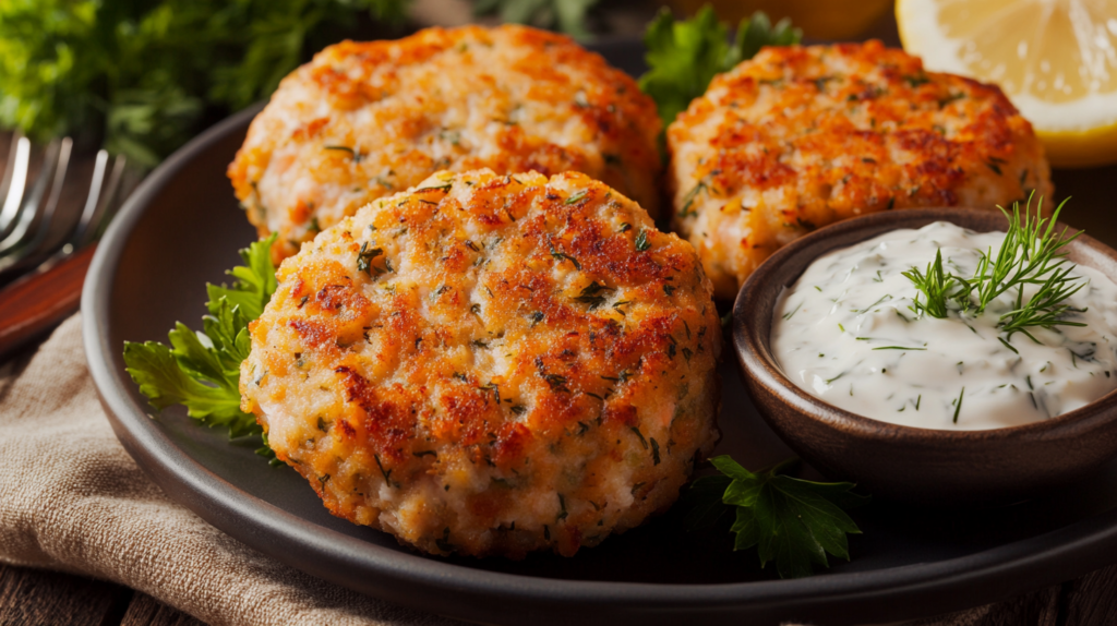 A plate of golden, crispy salmon cakes served with a side of lemon wedges and dipping sauce