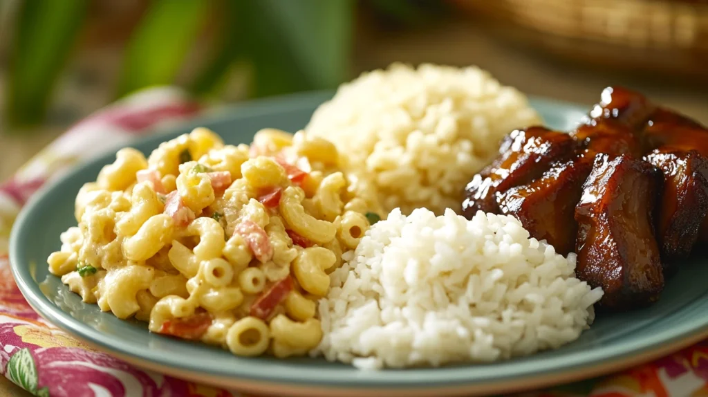 A Hawaiian plate lunch with macaroni salad, rice, and barbecue meat.