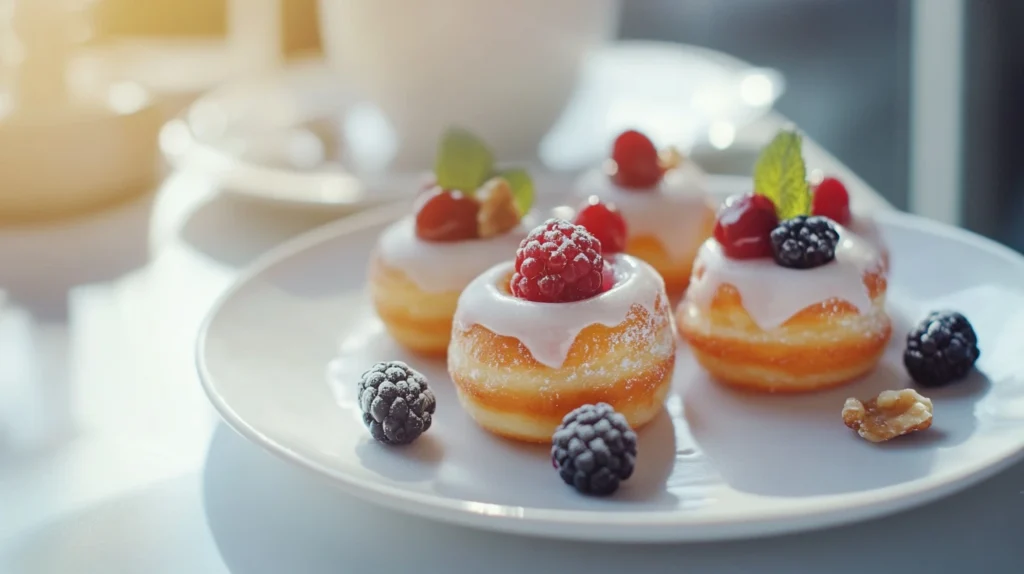 A plate of baked mini donuts topped with fresh fruit and light glazes.