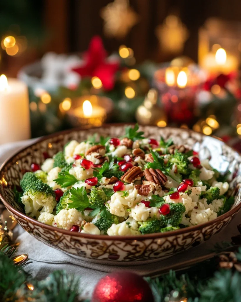 A festive broccoli cauliflower salad with pomegranate seeds and nuts.