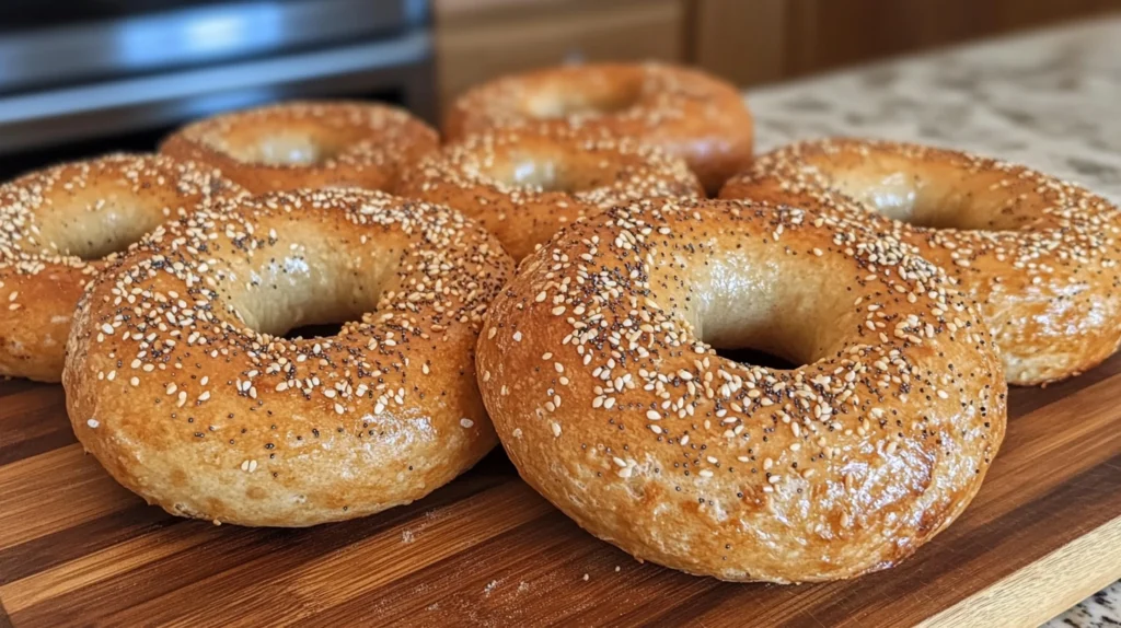 A variety of freshly baked sourdough bagels displayed on a wooden board.