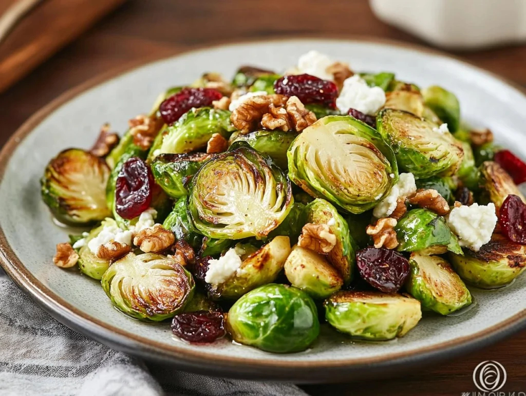 A beautiful plate of Brussel sprout salad with a honey mustard dressing