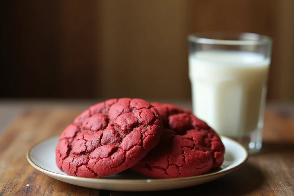 Red velvet cookies served with a glass of milk on a plate.
