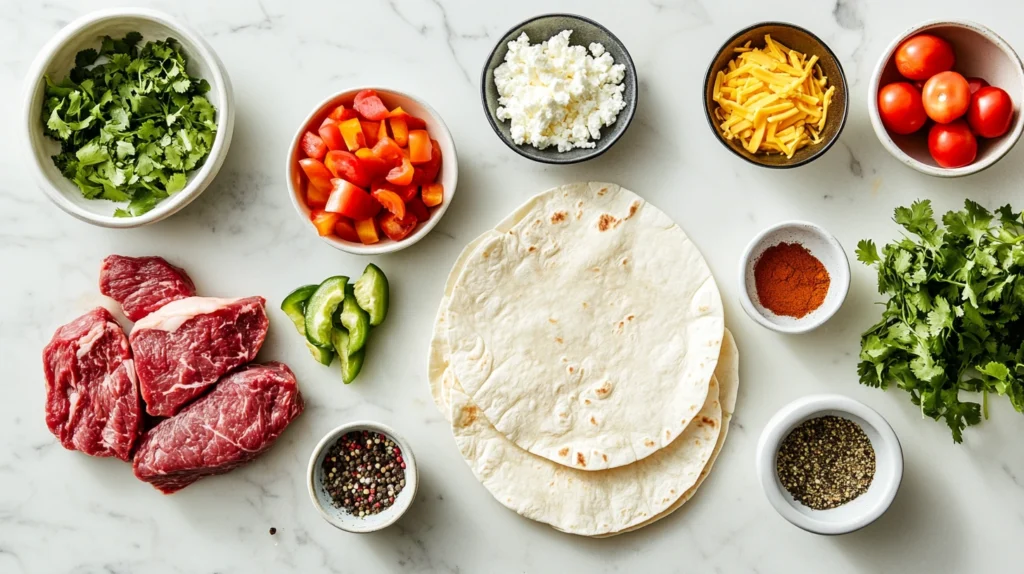 Fresh ingredients for steak quesadillas.