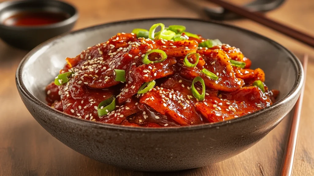 A bowl of Korean cucumber salad garnished with sesame seeds and green onions.