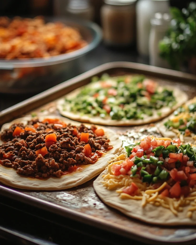 A taco pizza being assembled with sauce, meat, and cheese before baking.