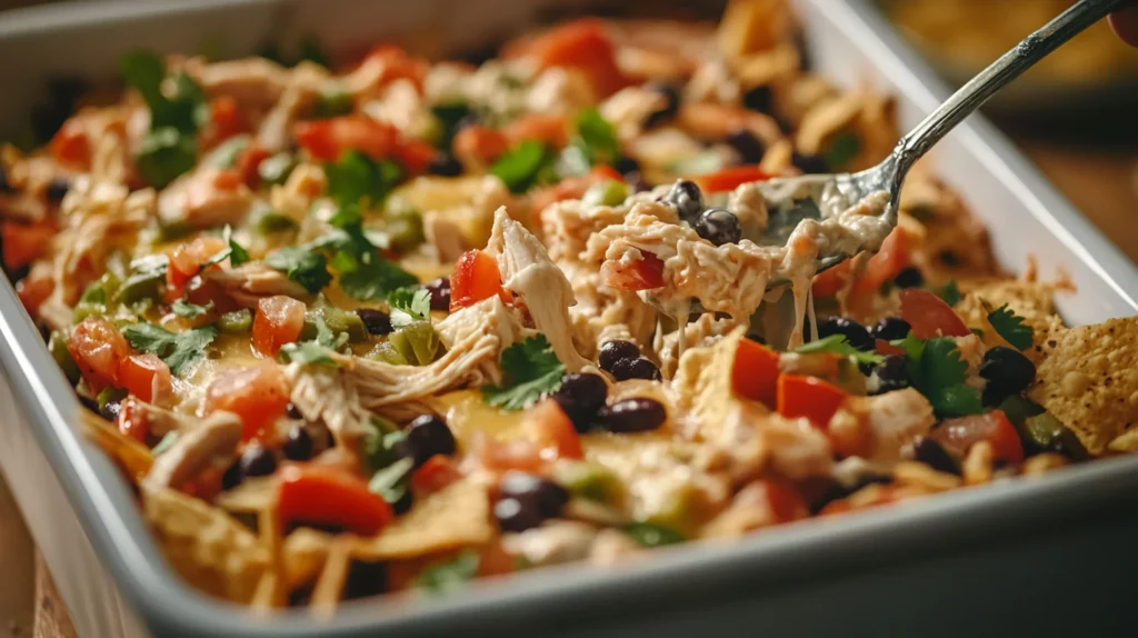 Layering chicken, cheese, and tortillas in a casserole dish