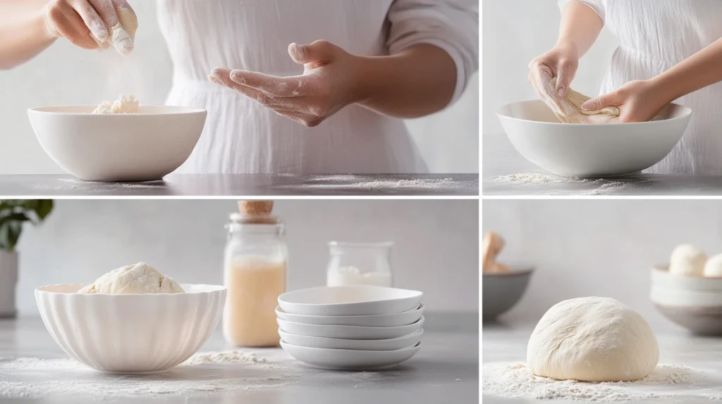 Step-by-step pierogi dough preparation on a kitchen counter