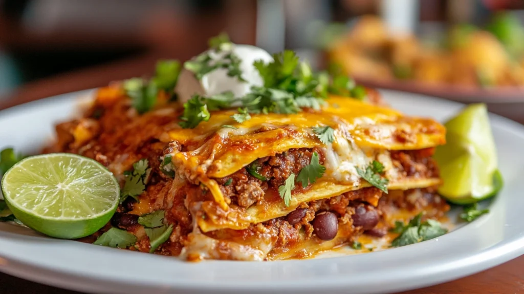 Mexican Lasagna served on a plate with garnish