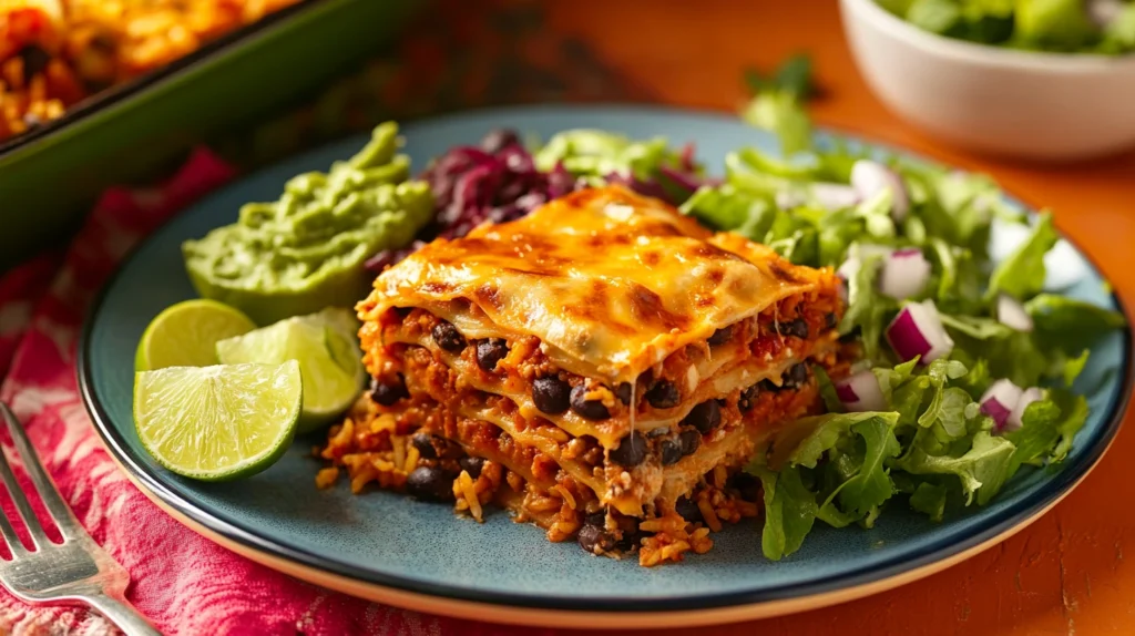 Mexican Lasagna served with sides like guacamole, rice, and salad