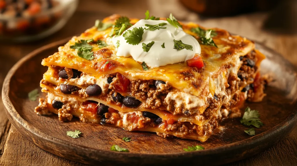 A delicious slice of Mexican lasagna served on a plate