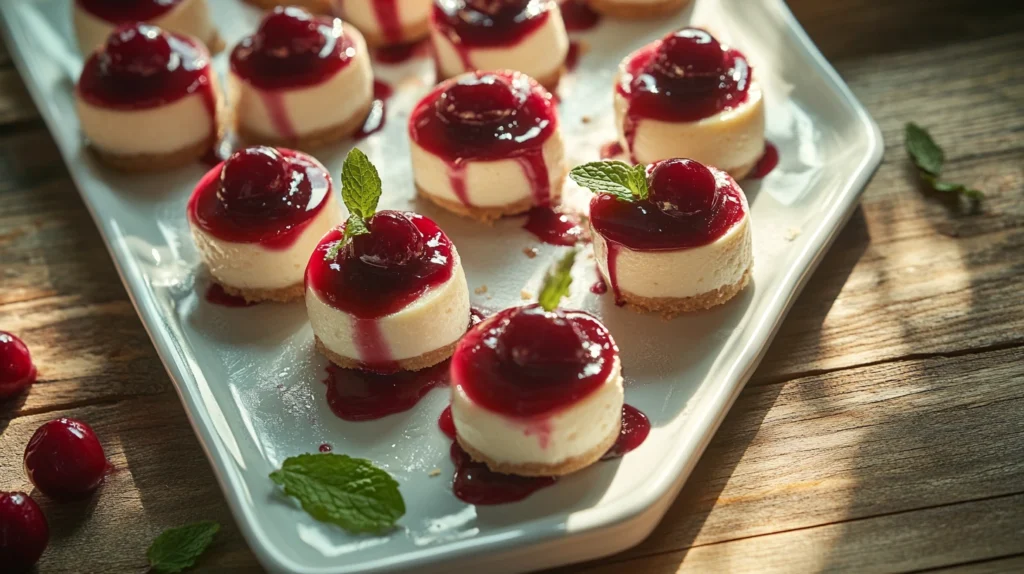 Mini cherry cheesecakes on a serving platter