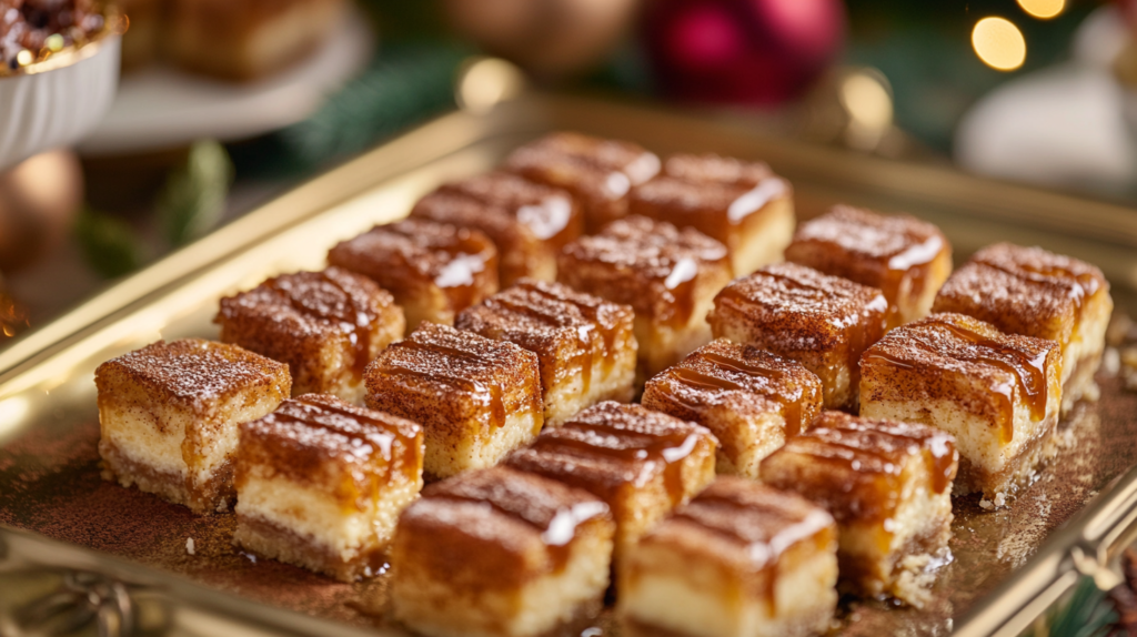 Mini churro cheesecake bites served on a tray with caramel drizzle.Mini churro cheesecake bites served on a tray with caramel drizzle.