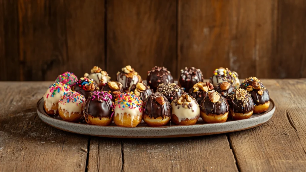 A platter of assorted mini donuts with colorful glazes and sprinkles.