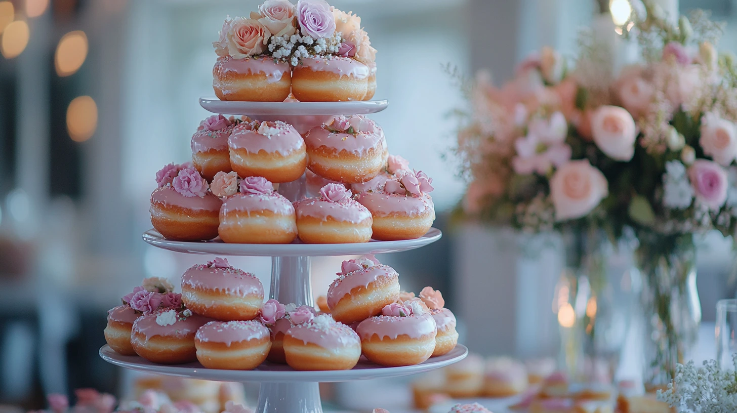 A beautifully arranged mini donut tower at a wedding.