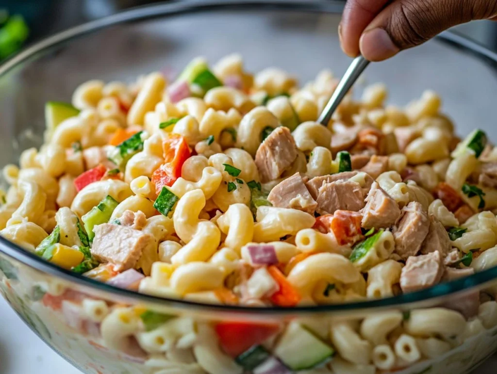 Preparing tuna macaroni salad in a bowl.