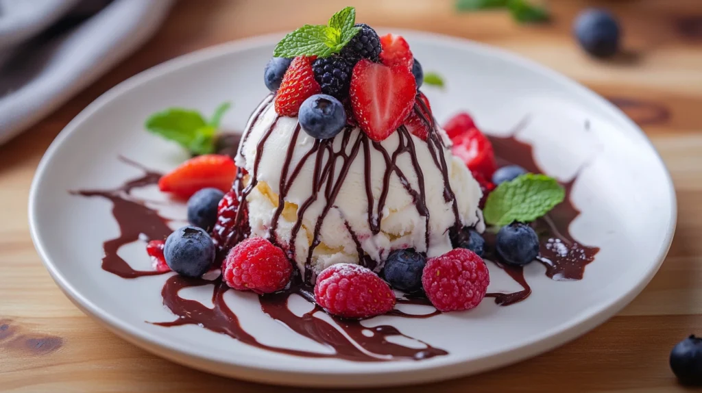 Neapolitan ice cream served with fresh berries and chocolate drizzle.