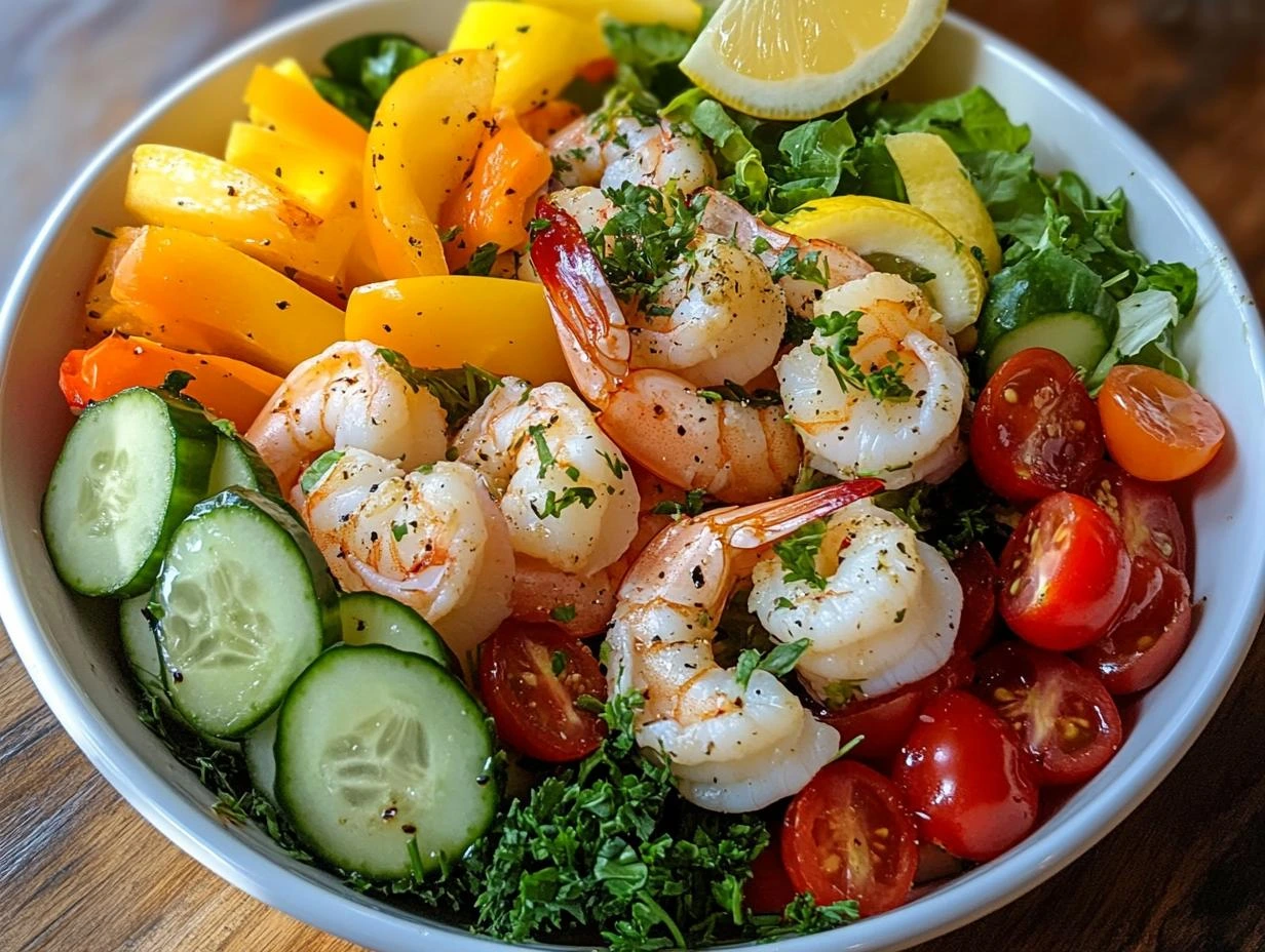 A vibrant seafood salad with shrimp, crab, scallops, and fresh vegetables.