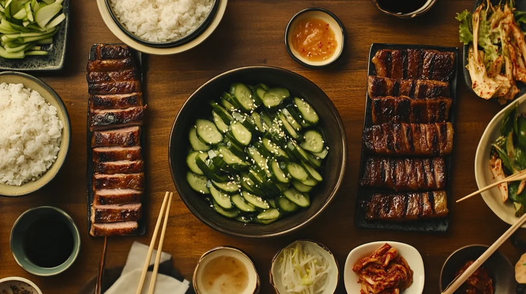 Korean cucumber salad served alongside grilled pork belly and rice.